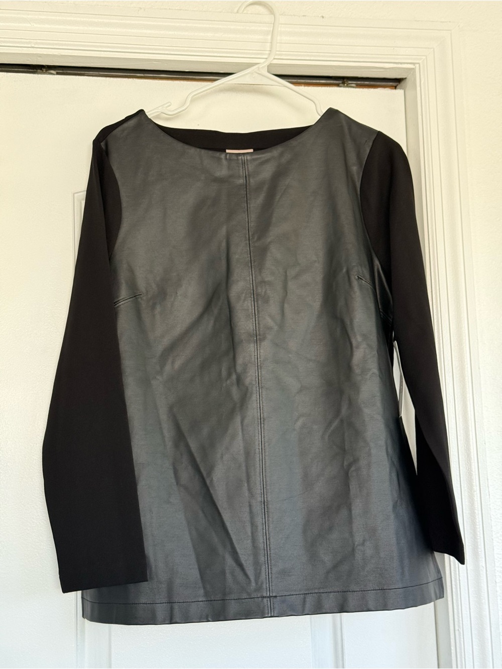 Chico's Black Faux Leather Front Blouse with Black Knit Sleeves